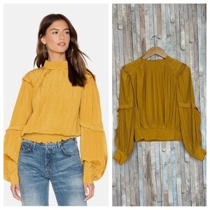 Joie S Chic Paityn Pleated Ruffled Smocked Blouse Top Dusty Gold Mustard Yellow